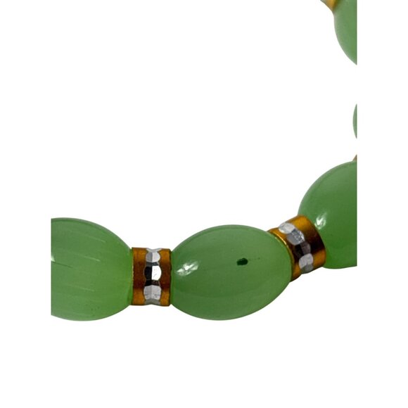 Green Glass Beaded Stretchy Bracelet With Goldtone Silvertone Accents - Picture 3 of 4